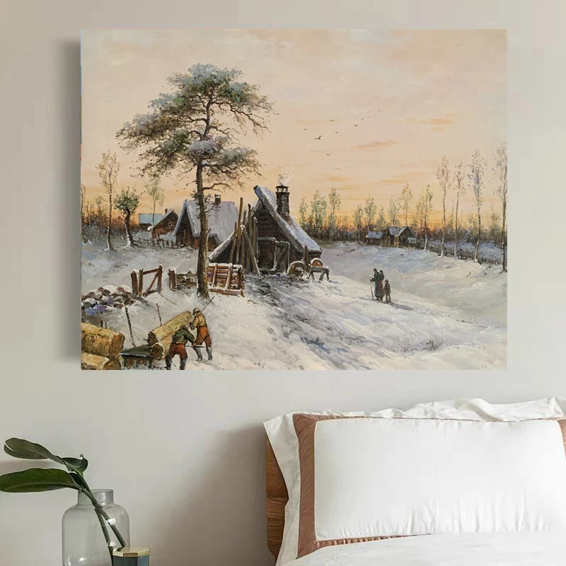 《雪野农忙》50*60含内框，刘春建手绘油画装饰画，客厅背景墙挂画