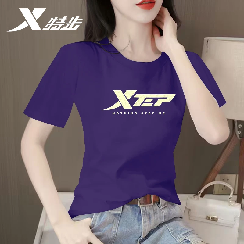 特步短袖女棉t恤夏季白色大码圆领打底衫跑步运动半袖女士上衣