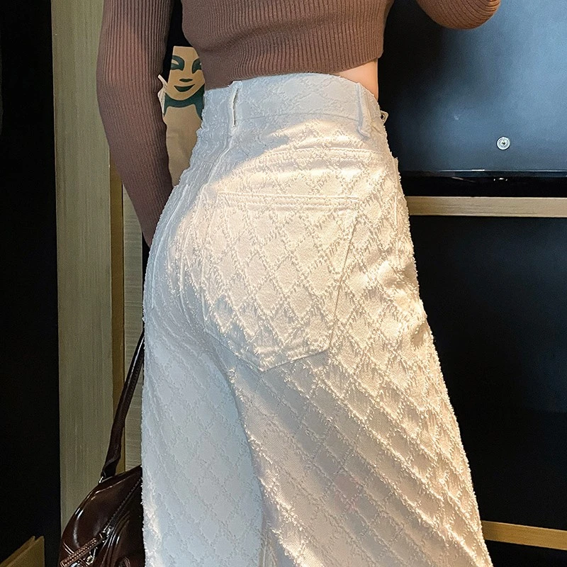 白色牛仔裤女窄版直筒长裤子秋季编织感阔腿裤高腰宽松拖地休闲裤