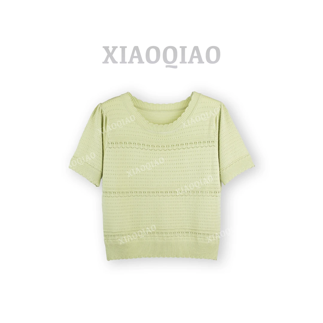 【小乔定制】夏季新款镂空超薄透气显瘦减龄圆领针织短袖