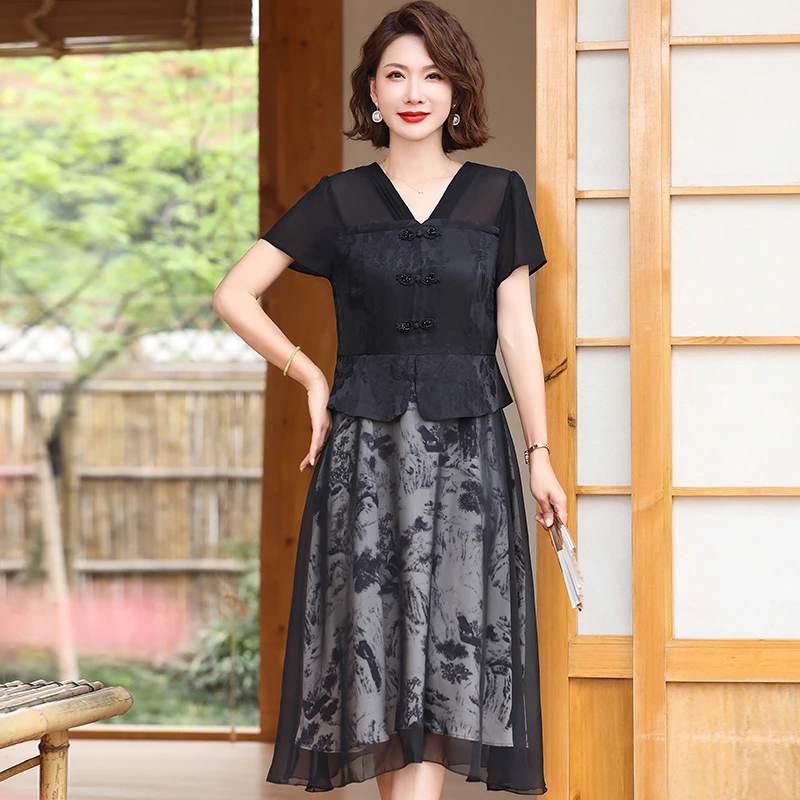 中年妈妈夏装2025国风新款两件洋气中老年气质夏季时尚连衣裙裙子