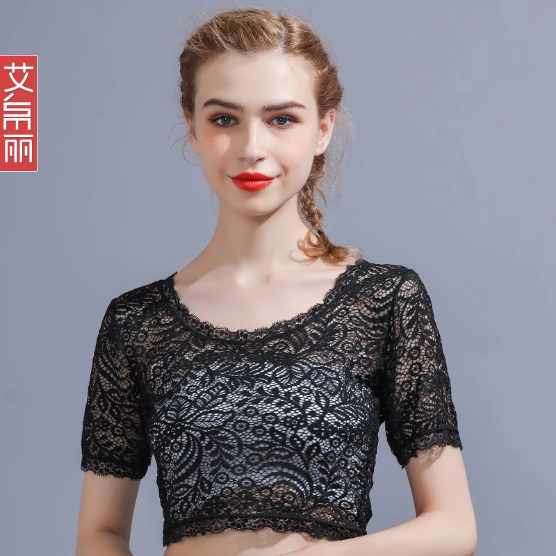 春夏新款半截打底衫女短袖薄款蕾丝短款网纱t恤低领内搭小衫上衣