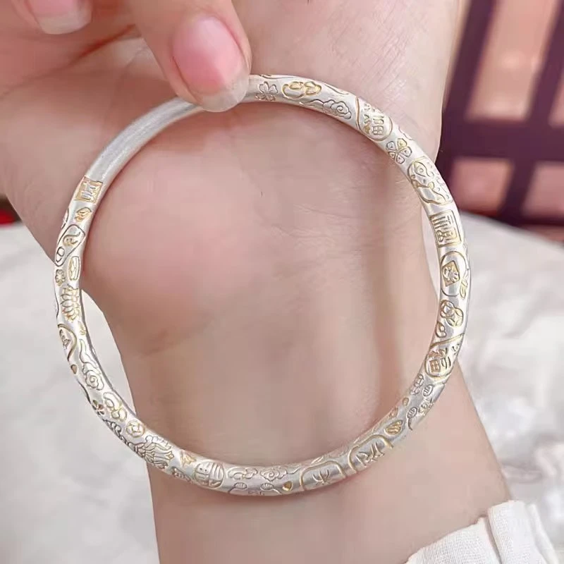 足银手镯 足银999.9描金吉言手镯女轻奢新中式古法招财猫镯子