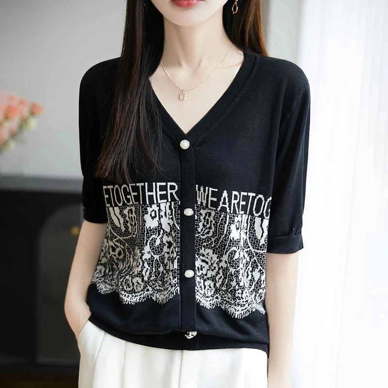 V领拼色莱赛尔天丝针织开衫女2025夏百搭大码小衫薄款半袖T恤上衣