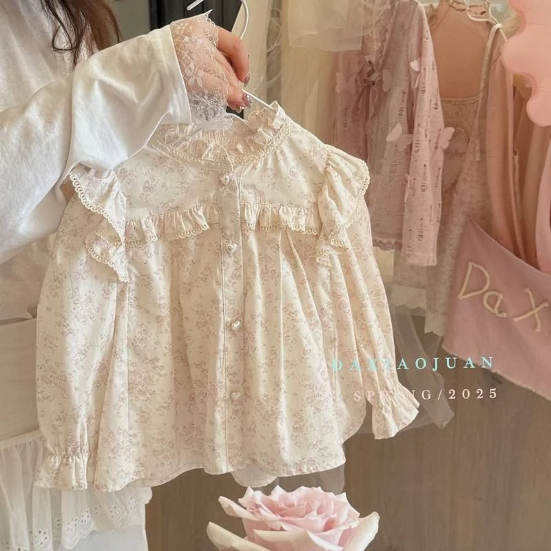 儿童春夏装2025新款韩版立领长袖碎花女童娃娃衫田园可爱公主上衣