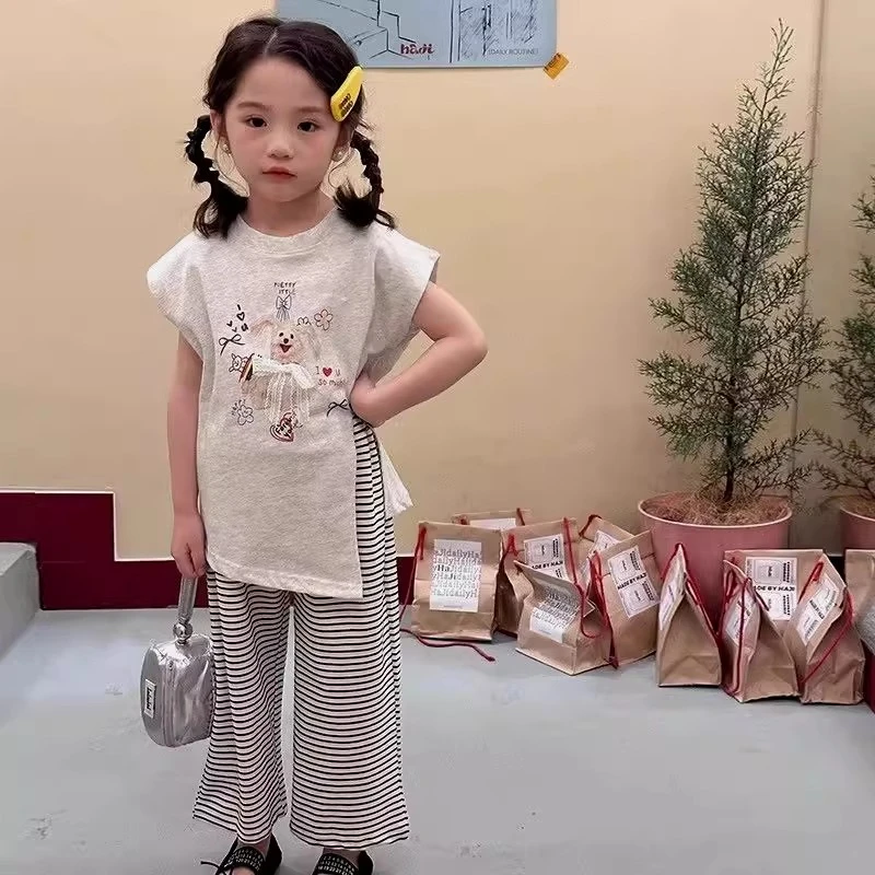 女童洋气套装2025夏季新款韩系穿搭女宝宝短袖T恤条纹休闲阔腿裤