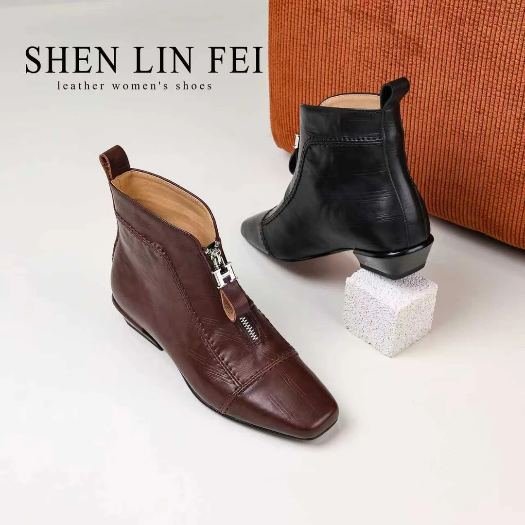 圣琳妃/牛皮/3CM秋冬季低跟短靴真皮女靴百搭粗跟短靴D20617