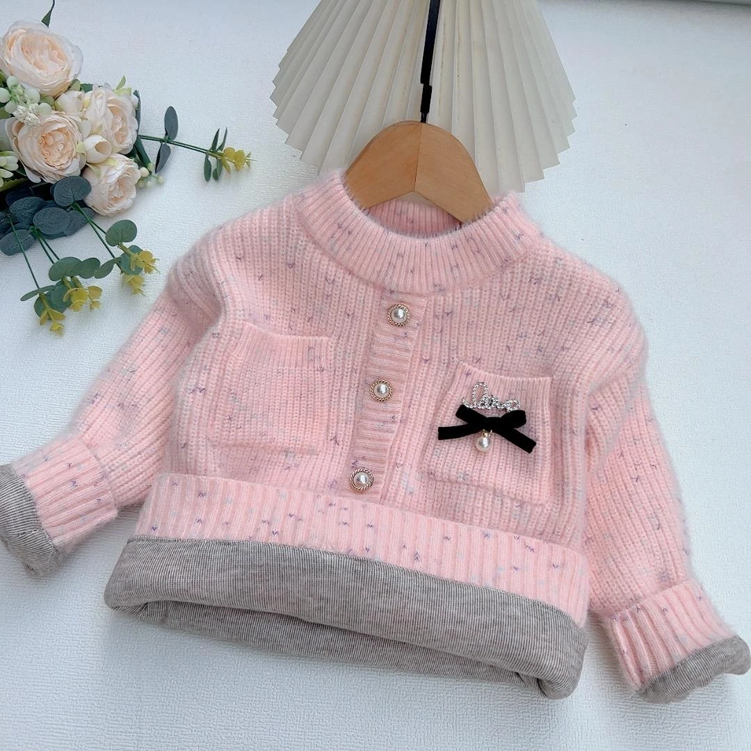 范哲萨女童加绒加厚毛衣时髦洋气外套2025秋冬新款儿童针织衫