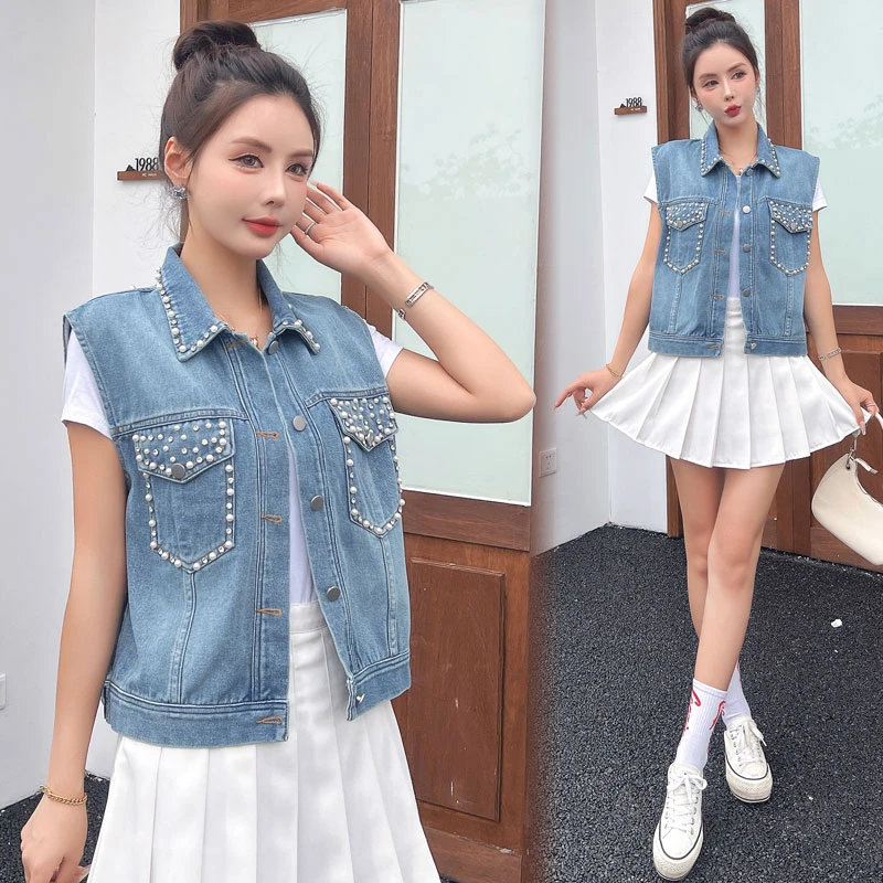 马甲钉珠女单排扣时尚春季马夹无袖宽松韩版小个子显瘦百搭外套