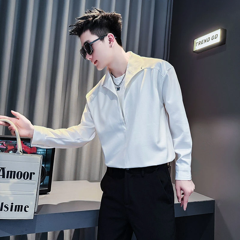 男士长袖衬衫秋季爆款20025新款高级感潮牌痞帅V领白色休闲衬衣服