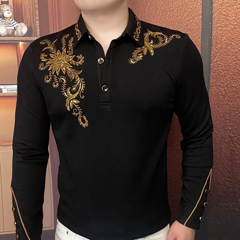 欧洲站  秋冬新款凤尾衔花轻奢修身男士卫衣商务潮流百搭Polo长袖