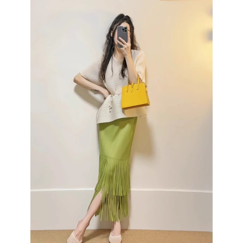 三宅褶皱上衣垂感百褶裙女高腰显瘦流苏半身裙纯色穿搭夏裙子半裙