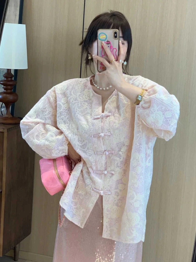 <501>A花朵宽松型新中式成人长袖衬衫时尚气质网红洛丽塔