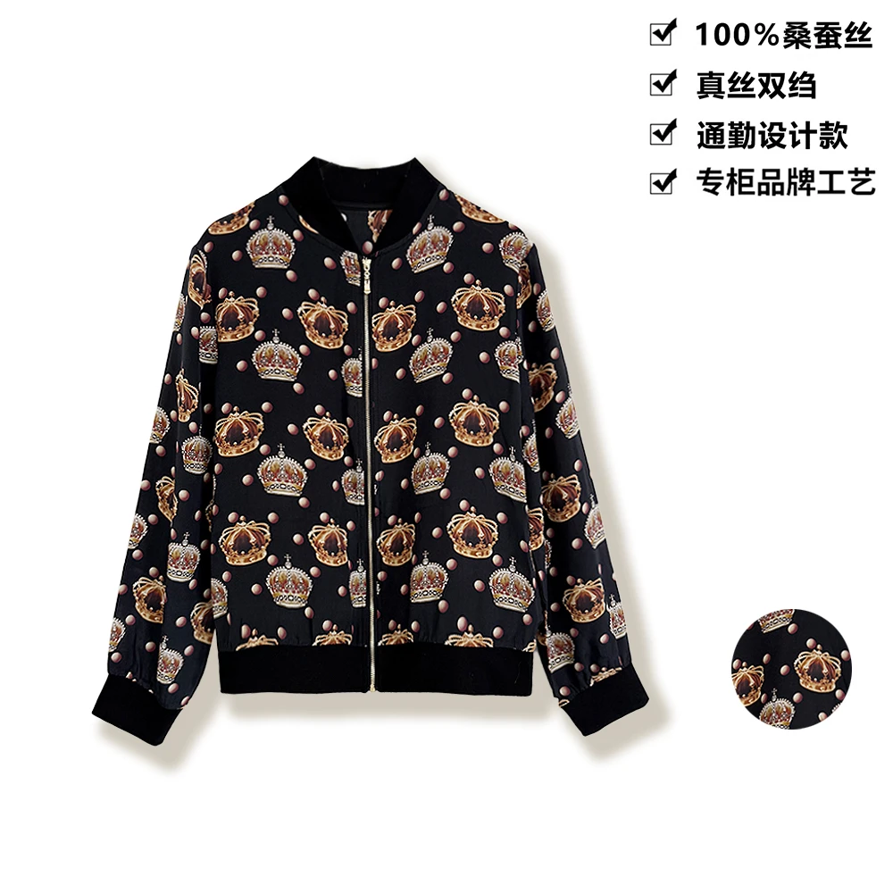16姆米100桑蚕丝外套老钱风皇冠印花时尚休闲真丝外套上衣WT210