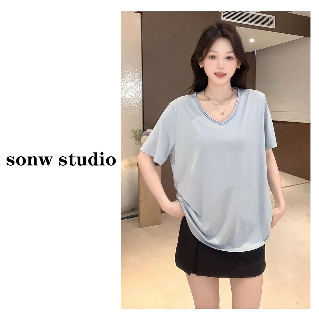 【卷边领】大领口设计感宽松oversize凉感春夏出游短袖T恤女