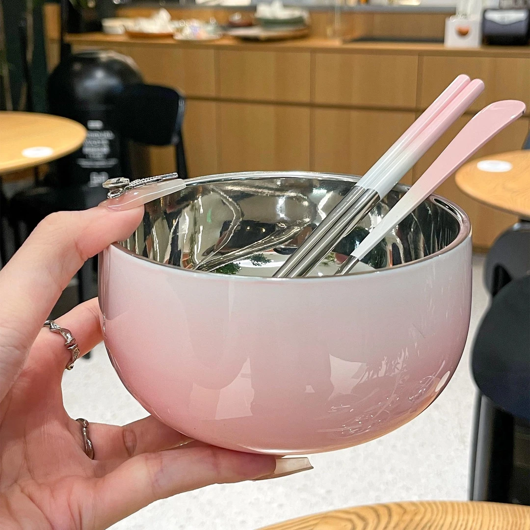 不锈钢碗筷勺子家用渐变色双层隔热餐具套装个人专用一碗一筷一勺