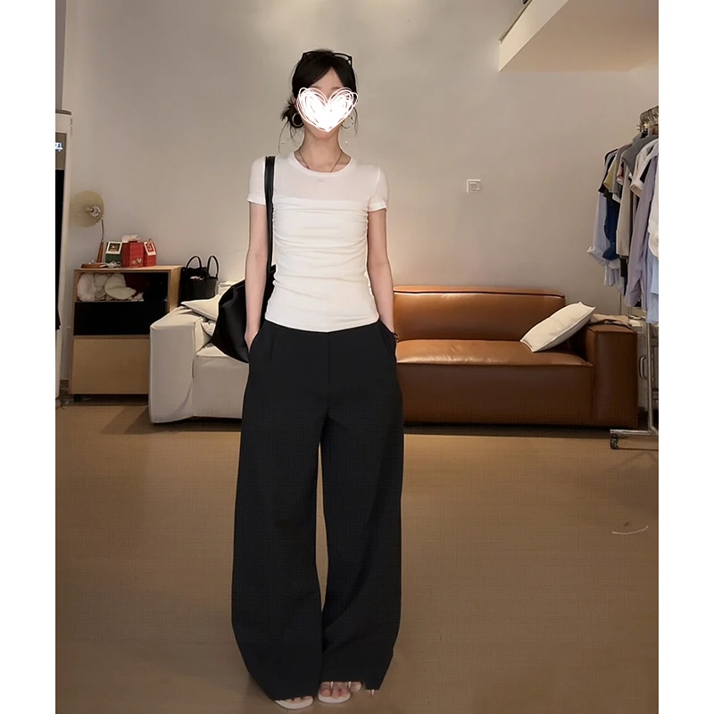 FRVXO双层打褶短袖t恤女2025春夏款短款纯欲小众设计感上衣女