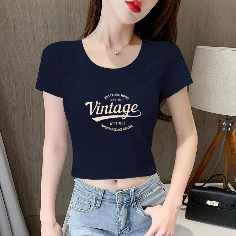 2025新款藏青色短款t恤女小个子百搭修身显瘦短款露脐上衣夏季潮