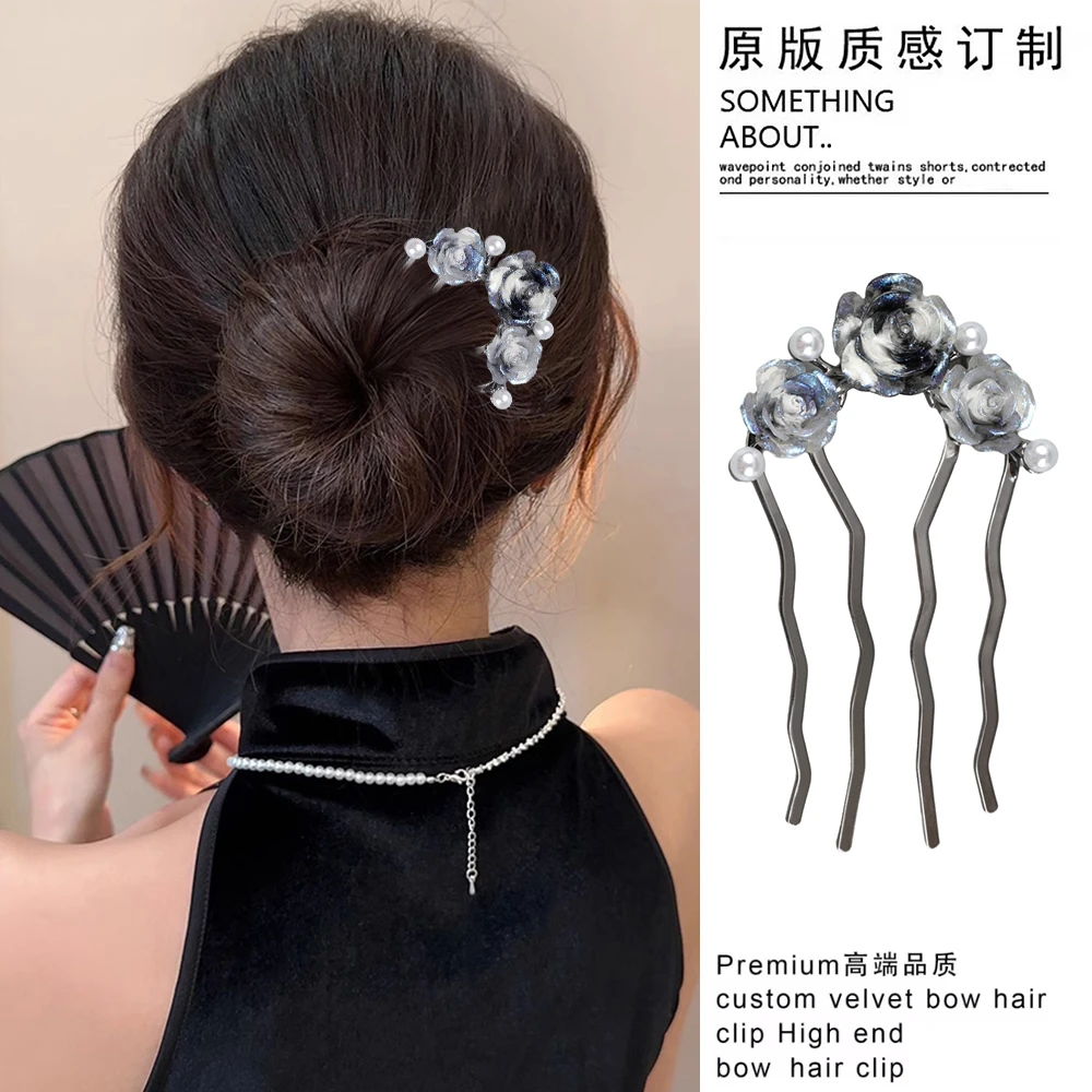 春款国风蓝色四齿珠珠玫瑰花新中式盘发簪子后脑勺盘发器早春旗袍
