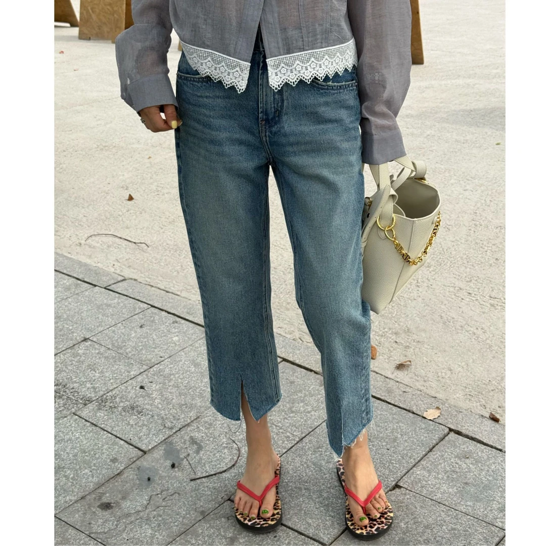 LYXZ x 大小与【旋转木马】夏季新下裤脚中间开叉八分牛仔裤77341