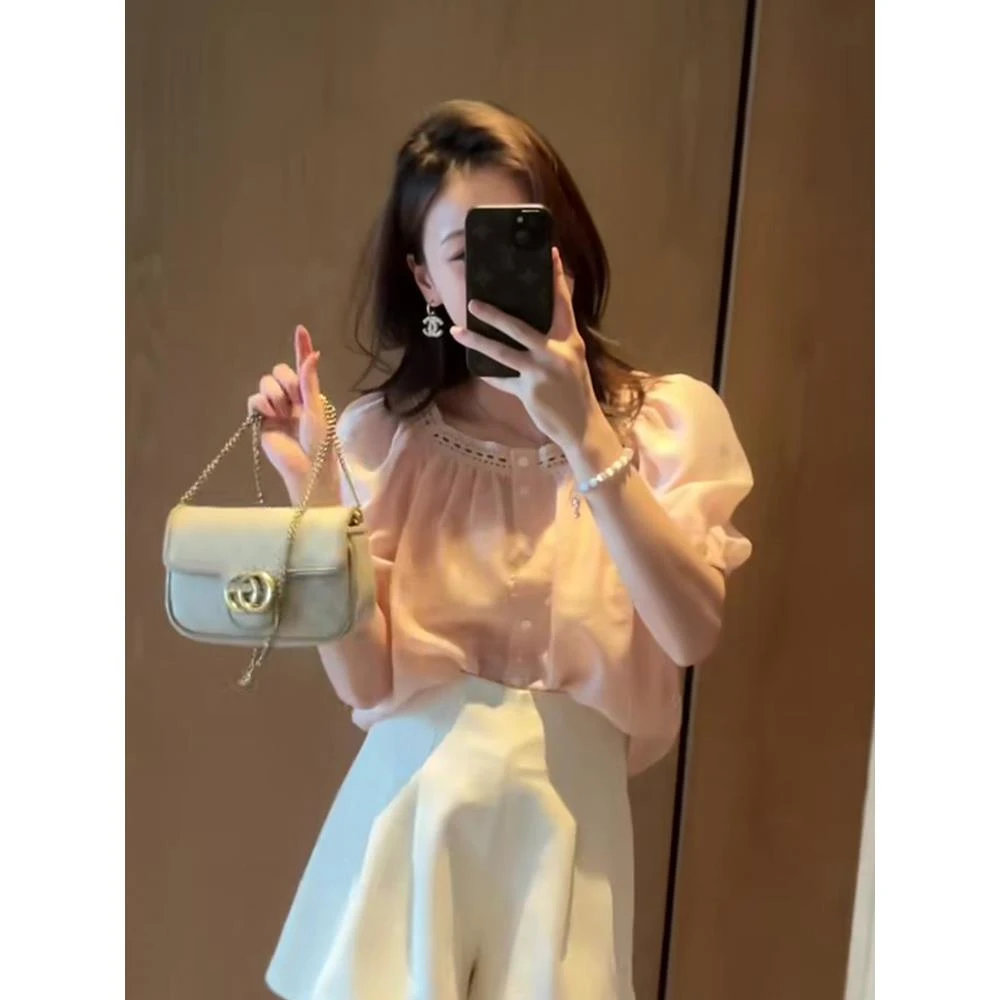 【NEXT女装】短袖蕾丝雪纺衫女夏季2025新款气质甜美小衫法式泡泡