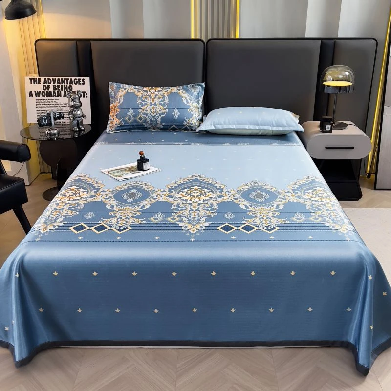 夏季新款降温印花冰丝席可机洗床单款冰丝软凉席冰丝凉席三件套