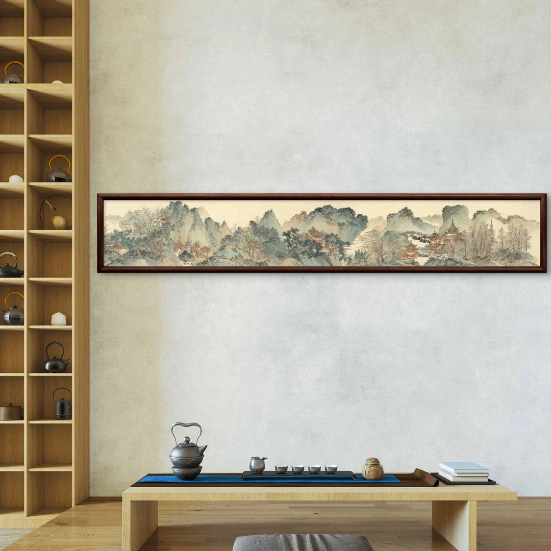 024-40*240青山楼阁图中式装饰画实木框书房茶室客厅背景墙挂画