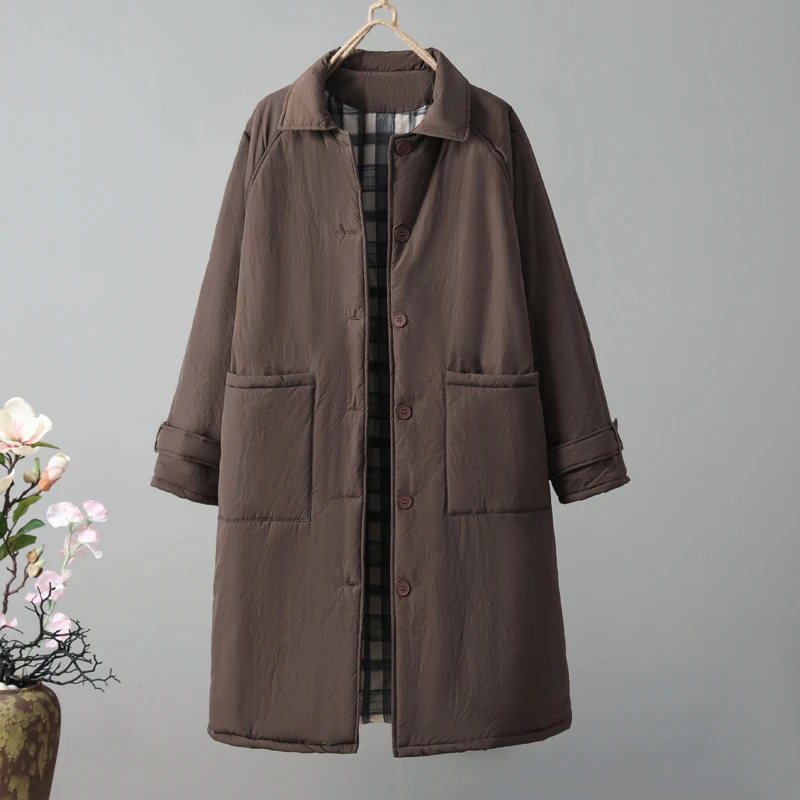 夹棉保暖咖色长袖翻领风衣外套2025冬季宽松洋气质中长款棉服女式
