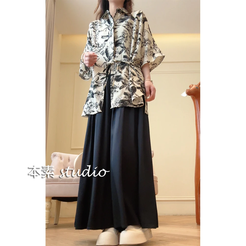 素描艺术C4001印花全开扣腰侧系带翻领短袖衬衫宽松百搭