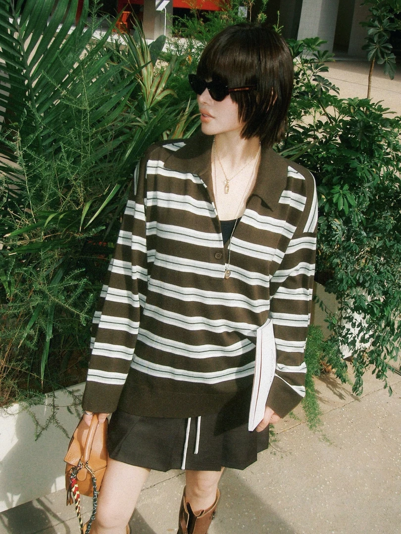 【画界】miu系亨利POLO领美丽奴羊毛条纹毛针织衫毛衣MY1283