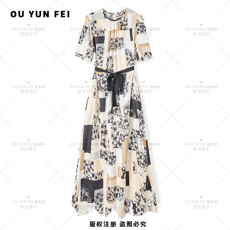 100 桑蚕丝高级感连衣裙女新款气质显瘦穿搭时尚洋气印花R14