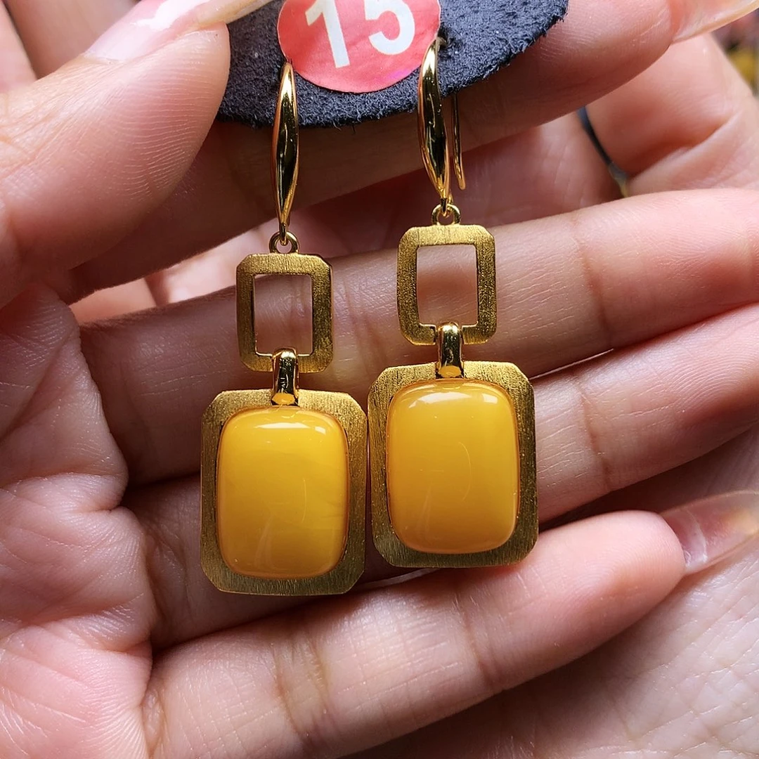 蜜蜡耳饰银S925镶嵌耳坠