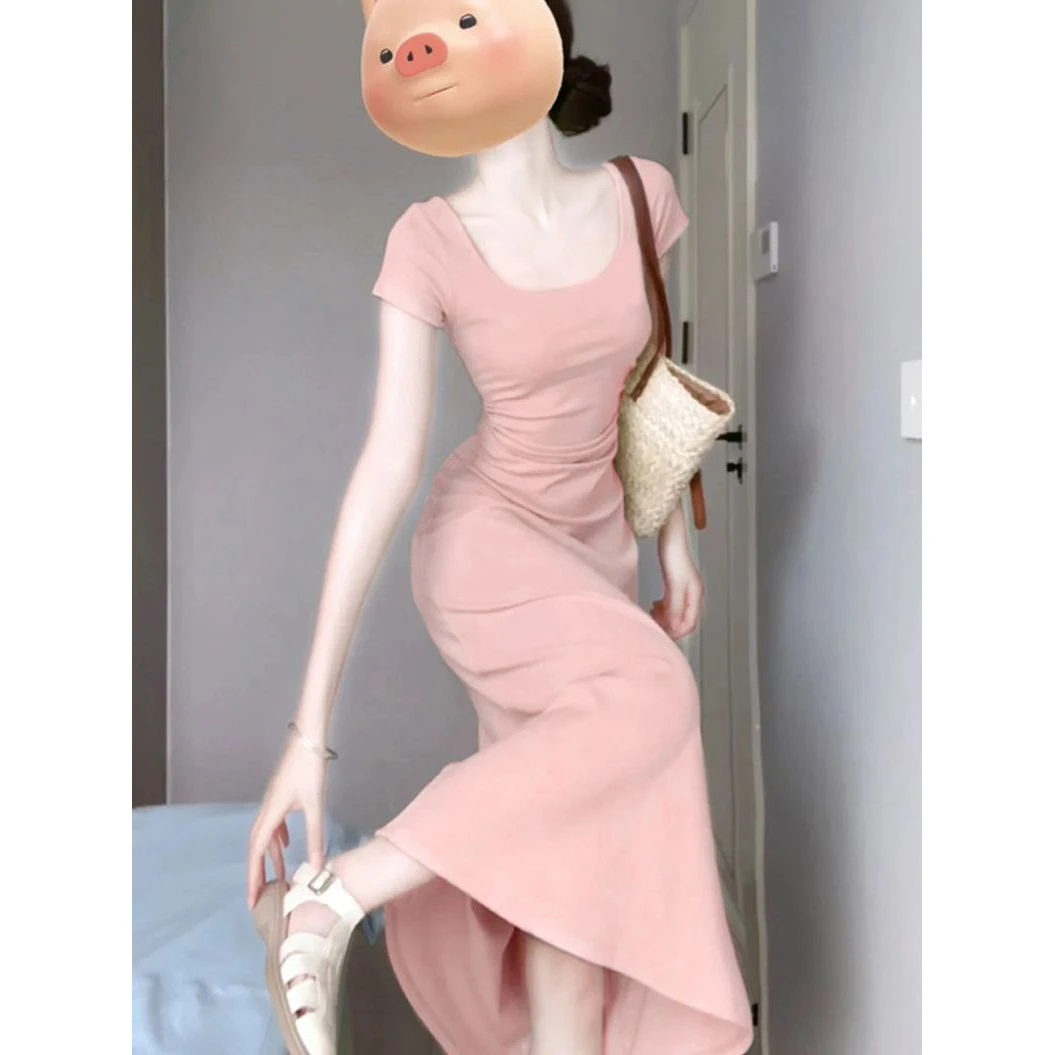 夏季方领粉色修身连衣裙小个子连衣裙法式长裙气质显瘦高腰连衣裙