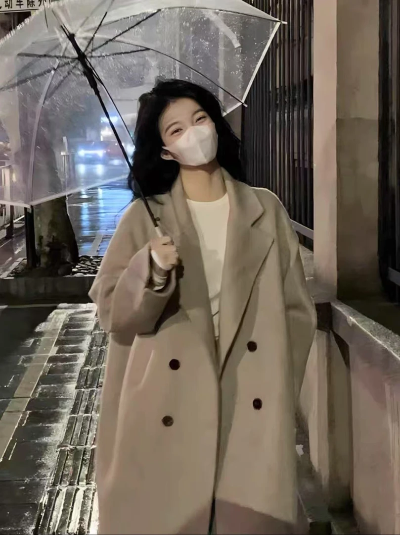 春季新款韩版宽松中长款大衣百搭双排扣英伦双面大衣-2236款