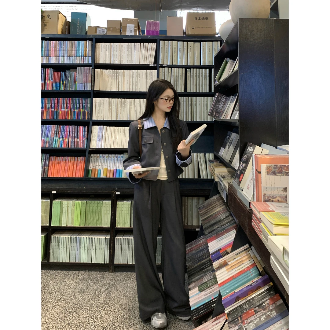 切糕自制【都市限定】小个子女秋季女气质套装拼色上衣阔腿裤两件套