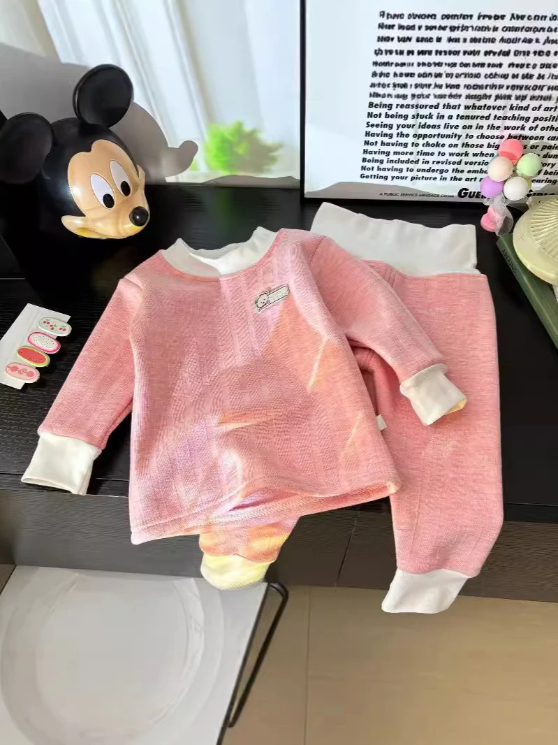 儿童高腰秋衣秋裤女童牛奶丝秋冬加厚加绒家居服内衣保暖圆领套装