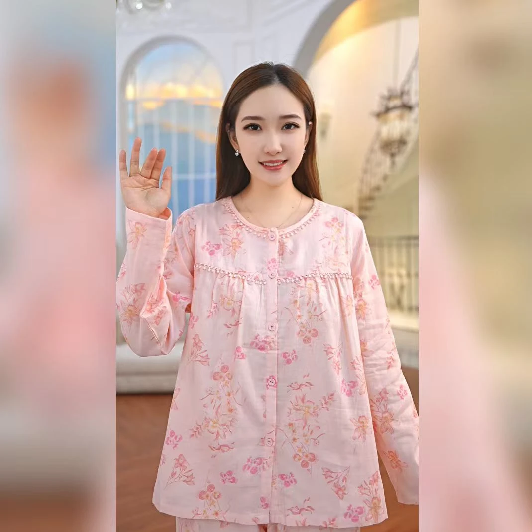 秋鹿双层纱印花圆领长袖长裤女套宽松春秋睡衣