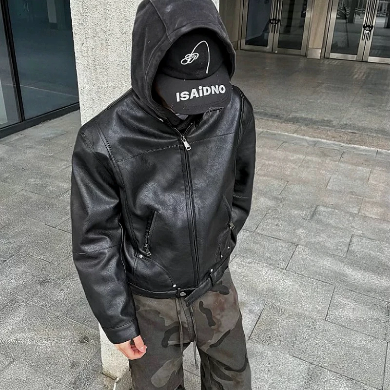 HGZPZ 90白鸭绒复古美式短款皮衣夹克百搭机车夹克蛋白皮外套