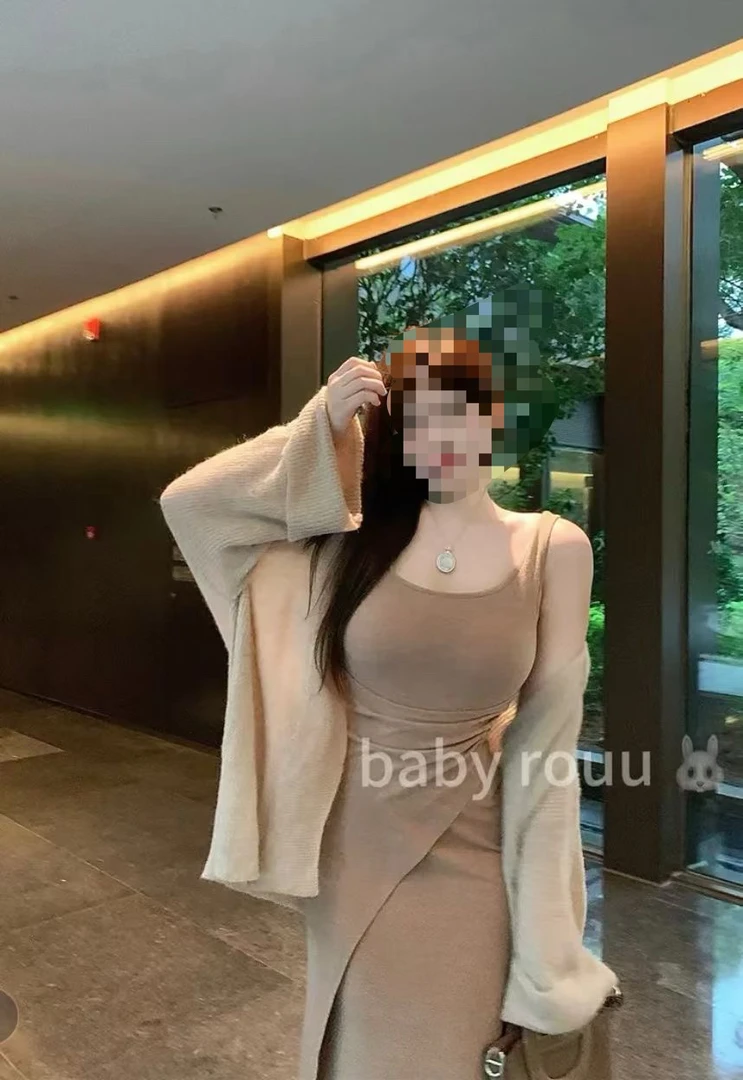 大码温柔减龄套装女纯欲捏褶设计连衣裙新款一套穿搭防晒开衫1815