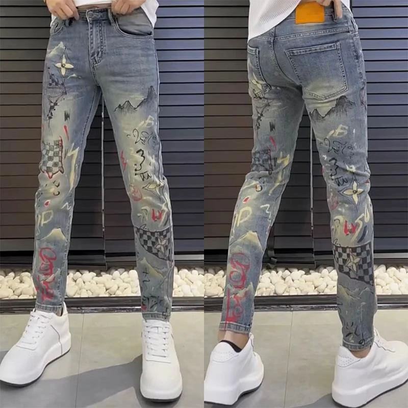 欧货水洗复古牛仔裤男士春秋款潮牌个性涂鸦小脚裤修身弹力休闲裤
