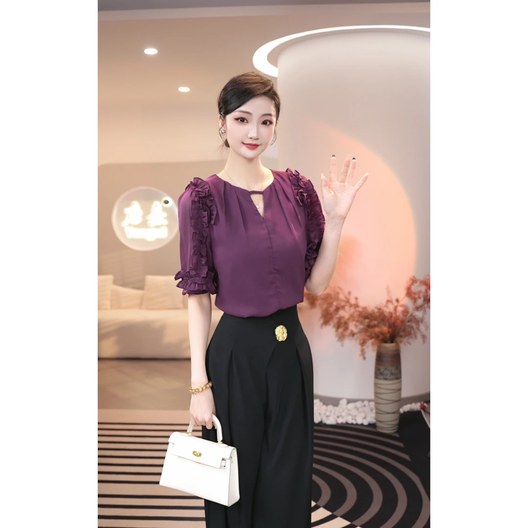 现货2025夏季新款【N24-X51】圆领木耳边小众紫色捏褶镂空短袖上衣