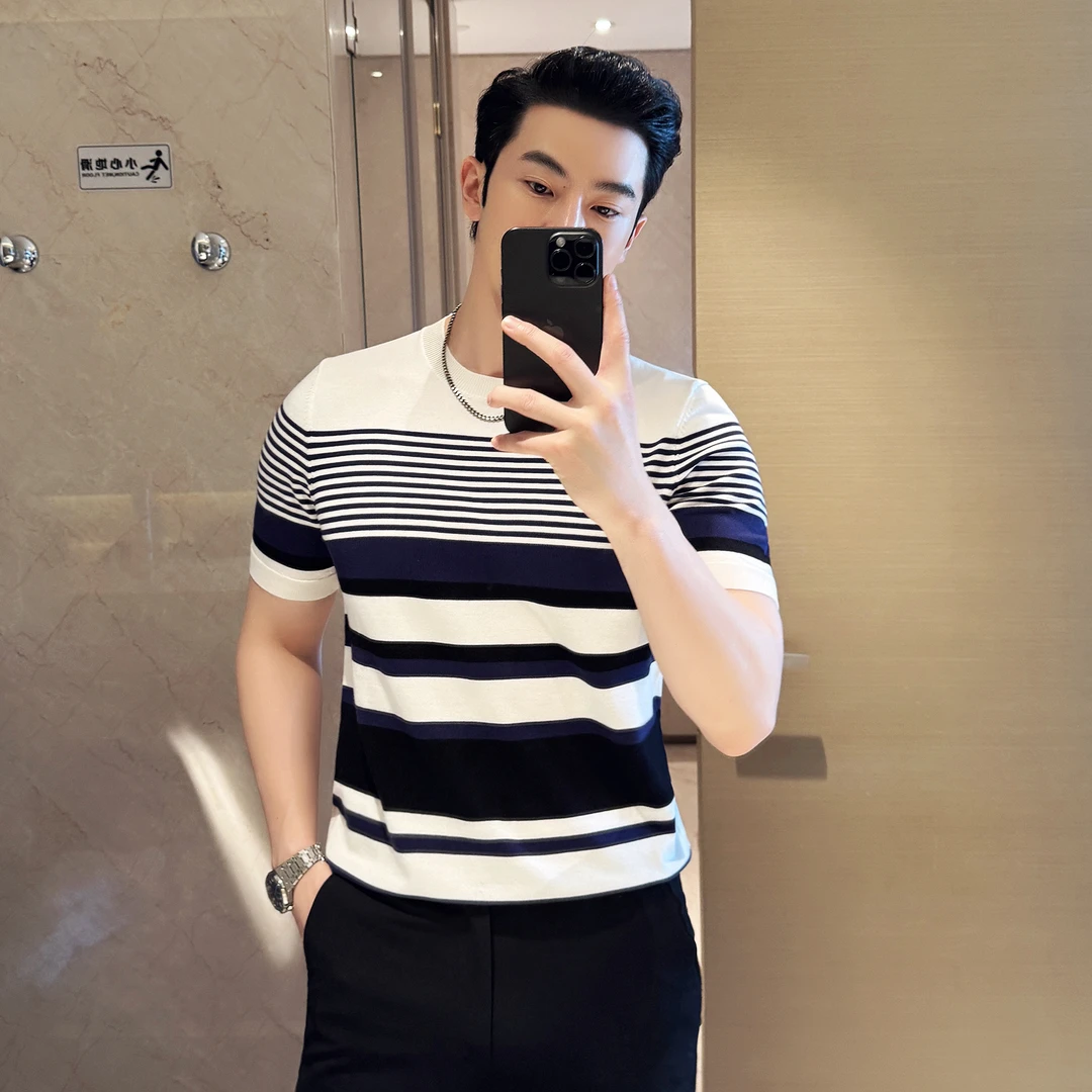 冰丝薄款短袖夏季莱赛尔透气针织衫圆领亲肤天丝拼色条纹男士T恤