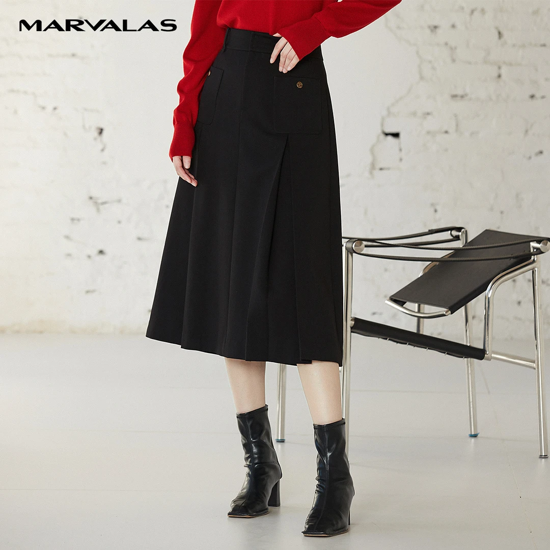 【羊羊专属】M207302383曼德诗黑色半身裙女中长西装秋冬A字显瘦