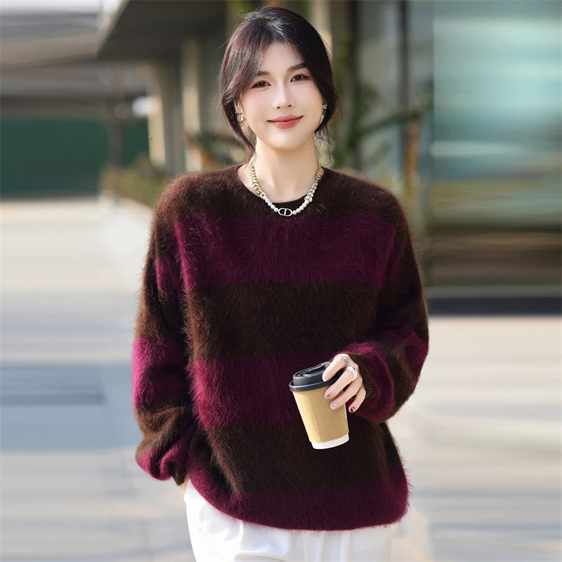 松弛感 羊毛蓬松拉绒圆领宽松条纹毛衣女针织衫秋冬云朵显瘦上衣