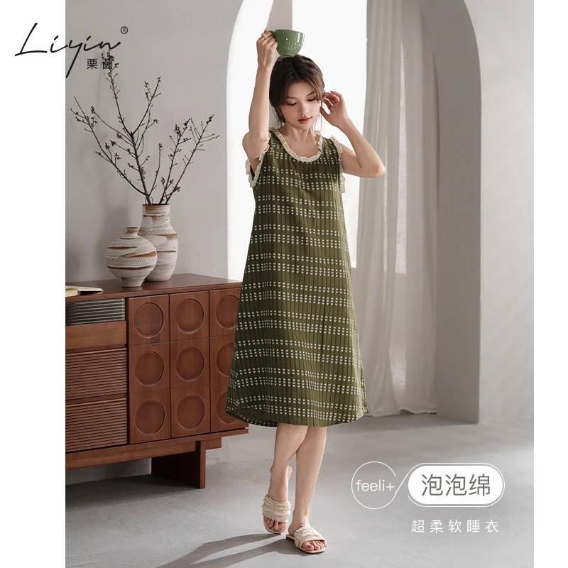栗茵小众设计师新款泡泡绵女士睡衣夏季少女睡裙可外穿家居服