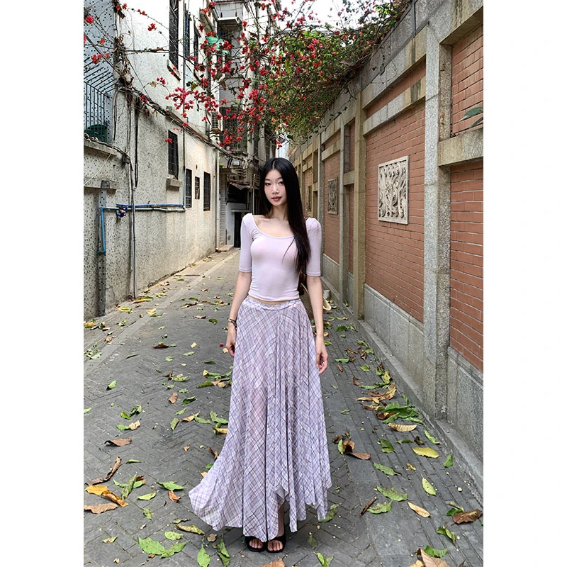 withmin凉皮 花园密语 欧若风夏显瘦气质紫色中袖T恤上衣2522907