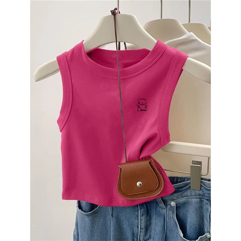欧货百搭修身宽肩带背心女螺纹短款2025夏日玫红色防走光无袖T恤