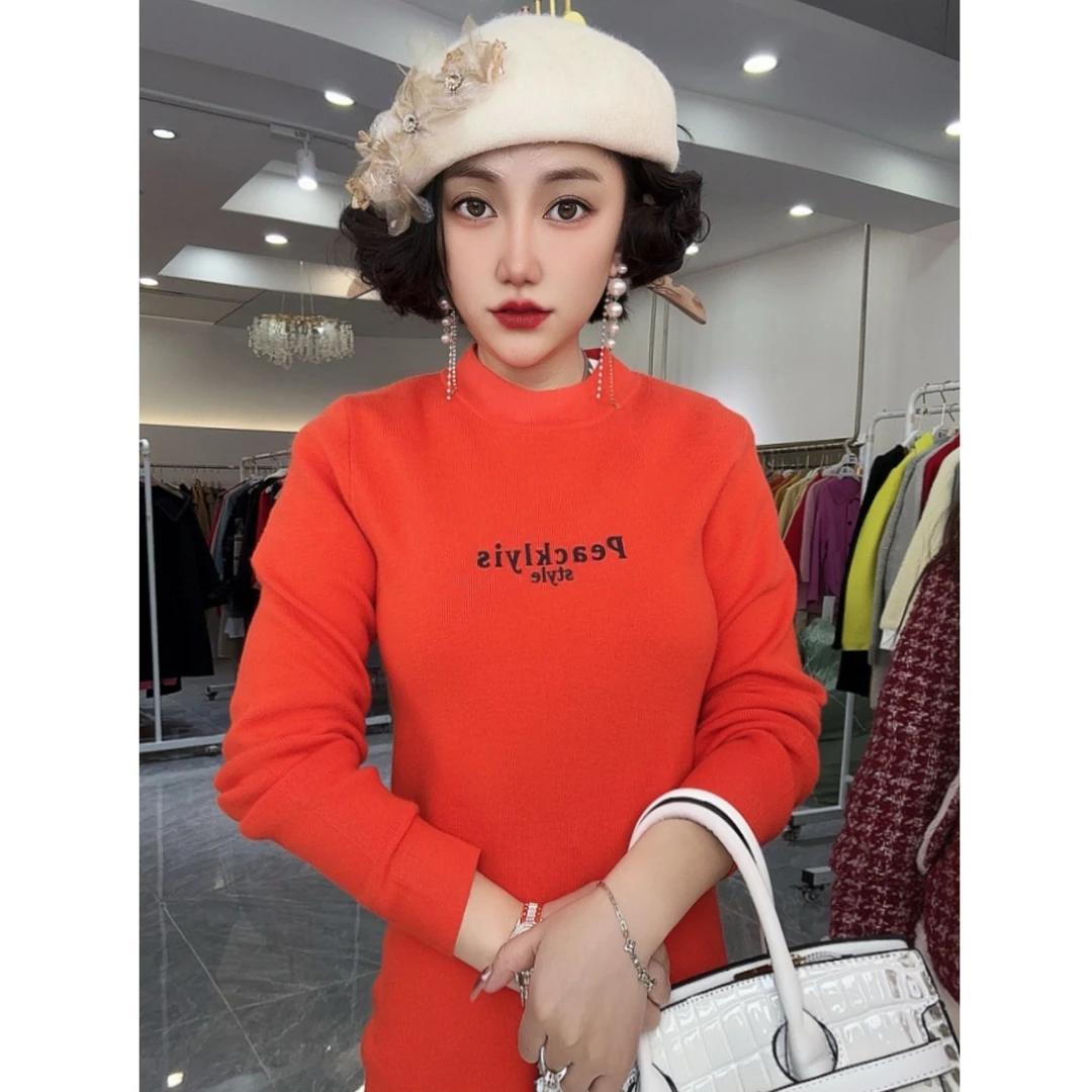 K6WI6B00#冬季字母印花打底衫半高领磨毛修身长袖百搭女