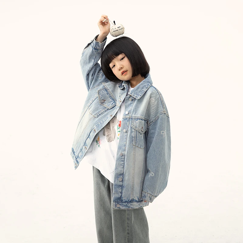NNGZ设计师女童蝴蝶结牛仔外套儿童复古百搭春装上衣B25AW0053H
