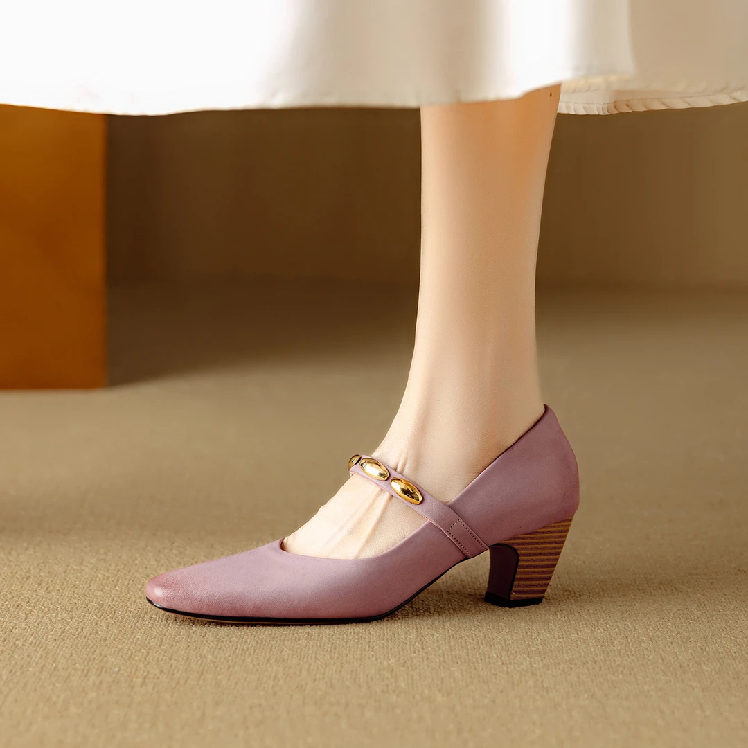 3.5cm法式一字带玛丽珍鞋粗跟百搭浅口中跟单鞋百搭配裙子高跟鞋